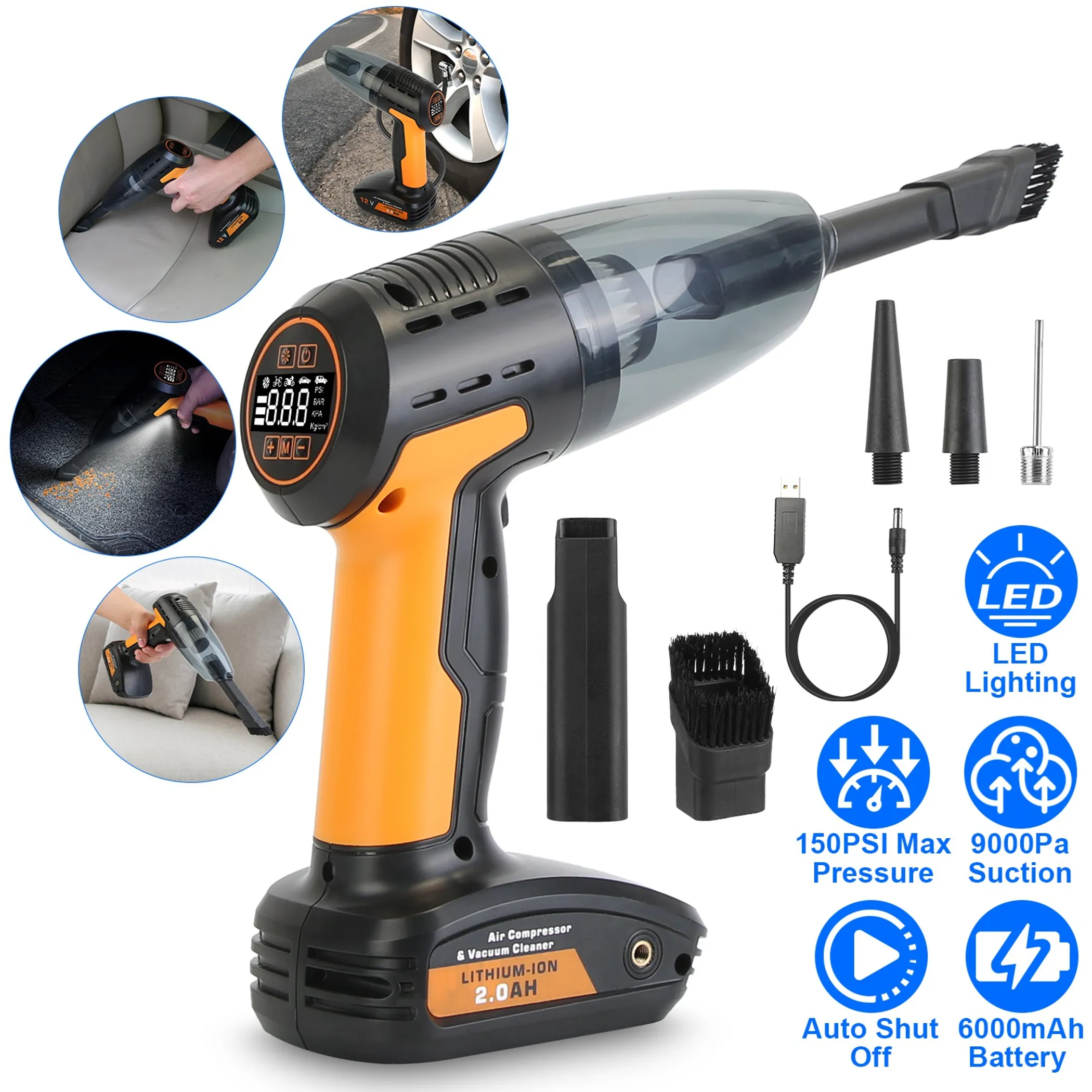 4 In 1 Cordless Car Vacuum Cleaner and Tire Inflator with LED Light - Image 3
