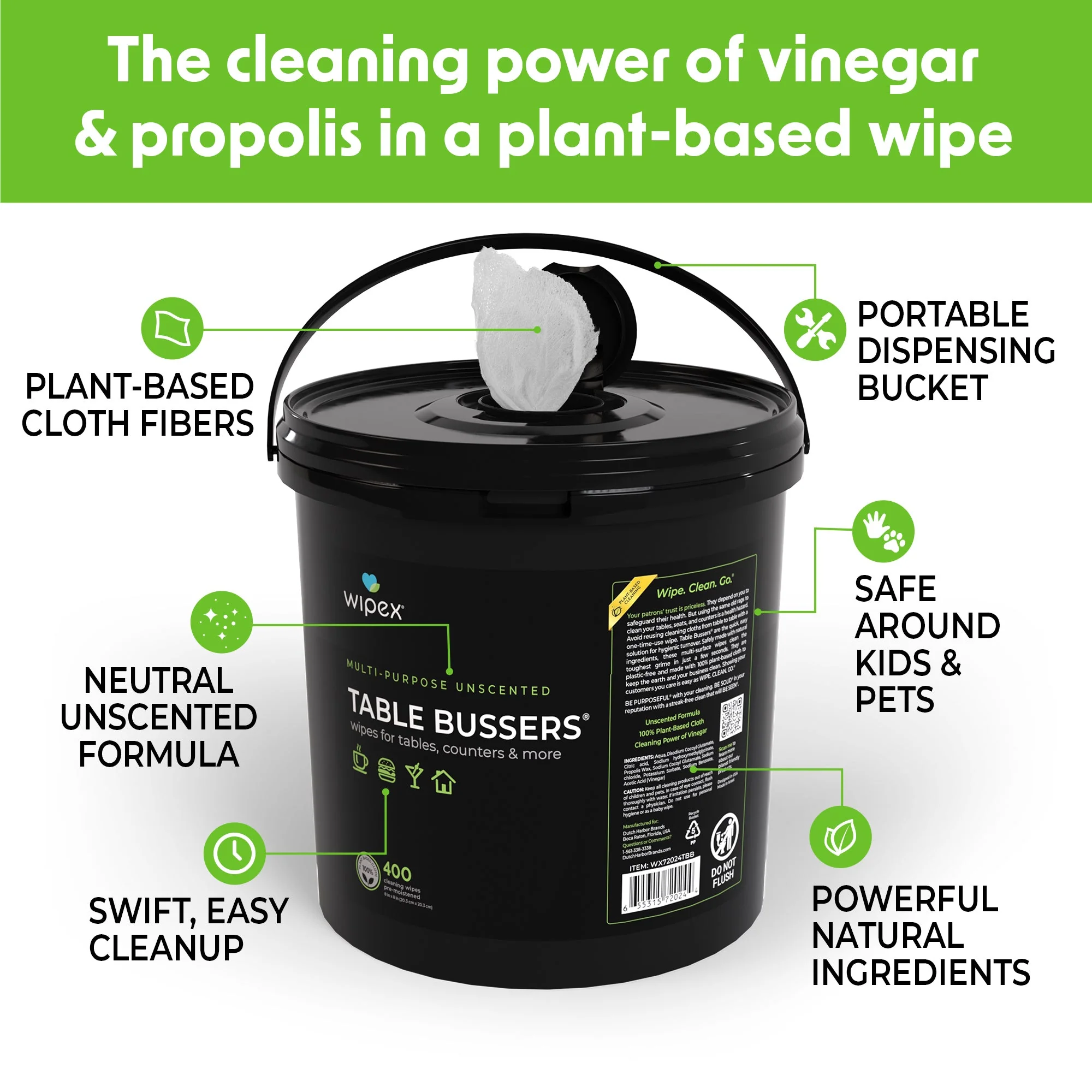 Wipex® Table Bussers® Natural Unscented Cleaning Wipes for Home & Food Service | Plant-Based | Portable Bucket - Image 3